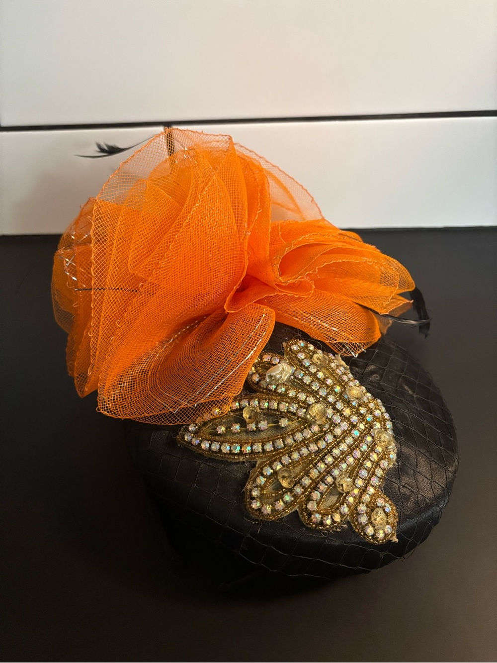 Vintage-Style Orange & Black Fascinator Hat - Custom Handmade